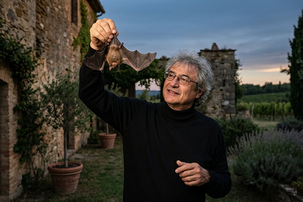 Rovelli + pipistrello Carlo Rovelli tiene un pipistrello per le zampe